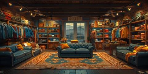 A cozy, modern men's clothing store interior with stylish decor, featuring shelves and racks full of assorted clothing, lighting fixtures, and leather seating