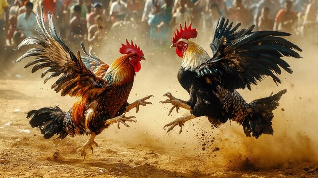 Two fierce roosters in mid-air combat, wings flapping aggressively, feathers flying, intense eyes locked, in a traditional rural setting with dusty ground and spectators.
