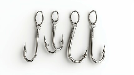 A collection of four metallic fishing hooks arranged in a row, showcasing their sharp points and looped ends for bait attachment.
