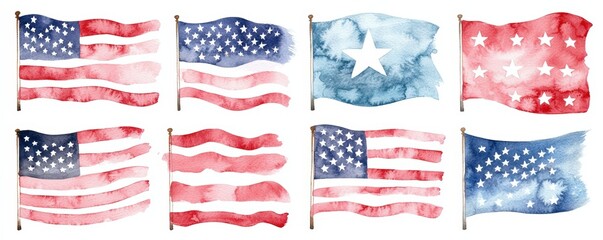 A collection of watercolor American flags showcasing various artistic interpretations and styles in vibrant red, white, and blue.