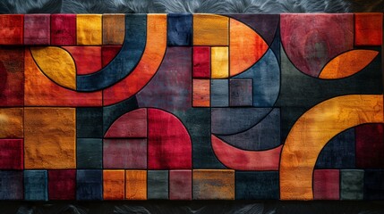 Fototapeta premium Abstract Art Deco carpet design characterized by bold geometric shapes and vibrant colors set against pure white backdrop creating visually striking composition. Artistic rug concept