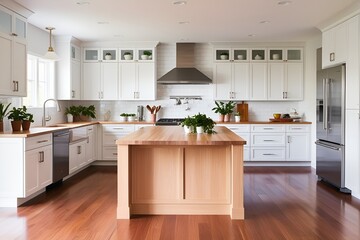 Beautiful kitchen in new luxury home with hardwood floors, two farmhouse sinks, and white cabinets