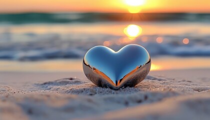 Fototapeta premium A reflective heart-shaped object rests on the beach at sunset, capturing the warm glow of the horizon and the beauty of the ocean waves
