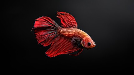 Fototapeta premium Stunning decorative piece featuring elegant ruby red and sunny gold betta fish with intricate gilded shimmer over deep black canvas, large wall hanging for elegant hall. Realistic photograph,