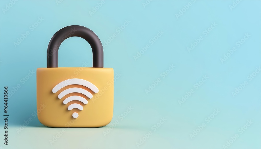 Wall mural A vibrant yellow padlock with a Wi-Fi symbol, symbolizing internet security and protection against cyber threats.