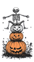 Black and white scarecrow skeleton with orange pumpkins against a white background. Vintage hand drawn style illustration. Halloween concept, festive decor