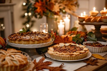 Fototapeta premium Cozy autumn dessert table with pies and candles