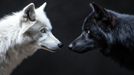 Obraz premium The intense confrontation between a white wolf and a black wolf, symbolizing the clash of light and darkness, with ample copy space.