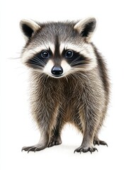 Obraz premium A cute and curious raccoon standing upright, showcasing its distinctive facial markings and fluffy fur against a clean background.