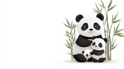Fototapeta premium A cute digital illustration of a panda family embracing, surrounded by bamboo, perfect for children's books and playful designs.