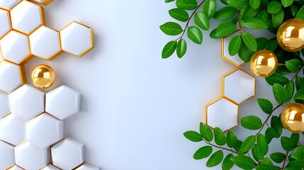 Elegant Modern Graphic with White Hexagons and Fresh Green Leaves for Design