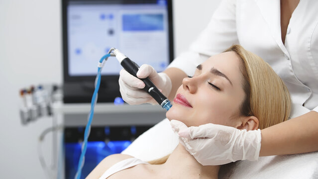 A professional cosmetologist performs hydropeeling and hydrafacial on the client, providing advanced skin care procedures. Ideal for promoting luxury beauty services and enhancing your brand image.