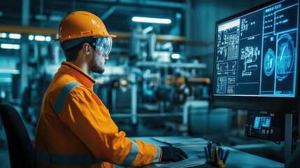 A futuristic industrial setting with engineers monitoring advanced technology systems.