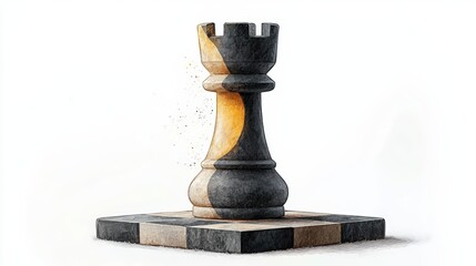 A detailed view of a chess rook, showcasing its unique design and colors against a minimalist background.