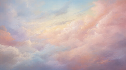 Obraz premium Ethereal Cloudscape Background. Beautiful skyscape with the sunlight. The sky is filled with fluffy clouds in shades of pink, purple, and blue. Tranquil and picturesque scene. Warm glow.