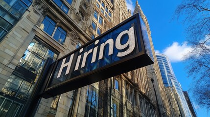 Obraz premium A modern urban building facade features a large Hiring sign, indicating employment opportunities in a commercial area with high-rise architecture
