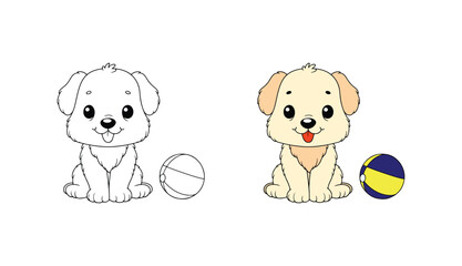 A simple black and white silhouette vector logo of a cute cartoon puppy sitting with a ball. The colourful dog is smiling looking at the camera. Minimal single line art isolated on white for stickers 