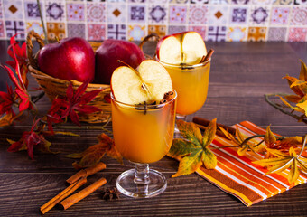 Apple Cider or cocktail with cinnamon, star anise and apple slices. Autumn drink.