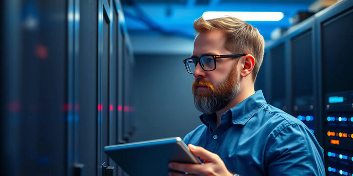 A young Caucasian man with a tablet computer stands in the middle of a server room. Soft blur Collection and storage of large amounts of data. Checks the operation of servers and automation ,AI