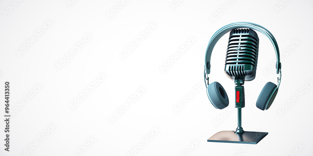 Poster microphone with headphones on a stand isolated on white background. 3d rendering