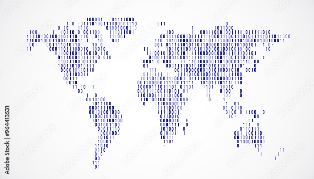 Aufkleber Digital World Map with Binary Code on White Background. 3D Rendering