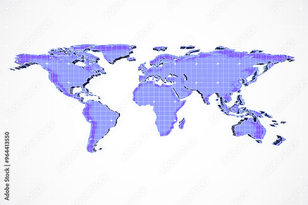 Poster Digital global map with a blue holographic texture on a white gradient background. 3D Rendering