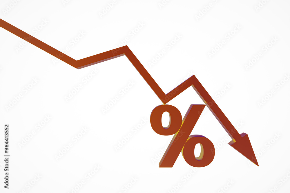 Poster Red downward arrow and percentage symbol on white background. 3D Rendering