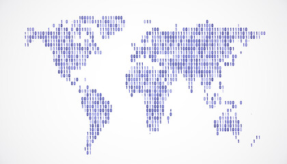 Fototapeta premium Digital World Map with Binary Code on White Background. 3D Rendering