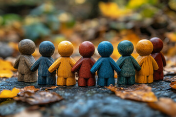 Wooden figures of people stand together hand in hand, symbolizing mutual aid community and support amidst autumn leaves