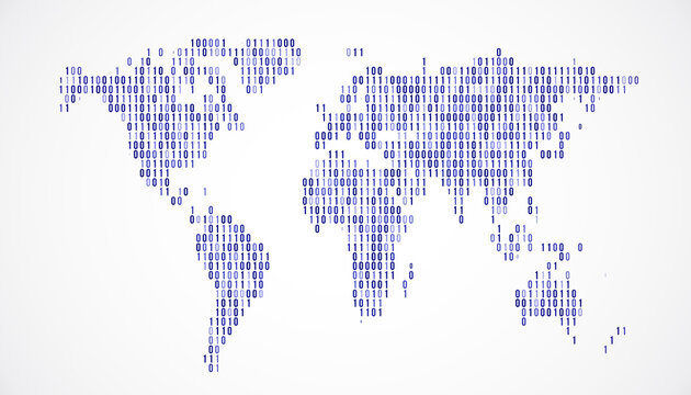Digital World Map with Binary Code on White Background. 3D Rendering