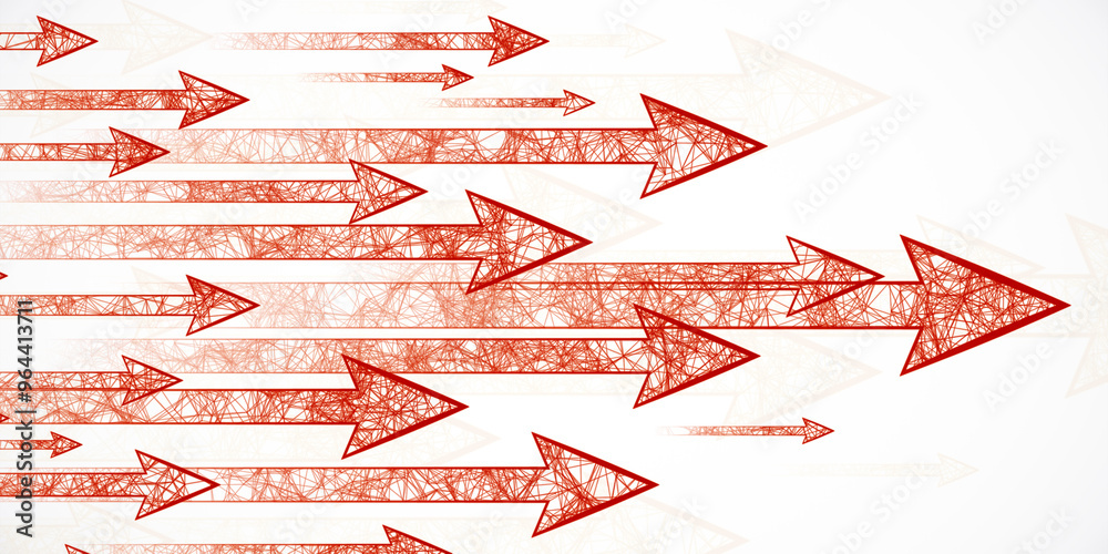 Poster Red arrows made from intricate line patterns on a light background. 3D Rendering