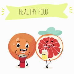 Funny fruity grapefruit characters. Comic elements, hand drawn style. Vector illustration for stickers, posters, prints. Funny fruits.
