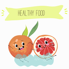 Funny fruity grapefruit characters. Comic elements, hand drawn style. Vector illustration for stickers, posters, prints. Funny fruits.