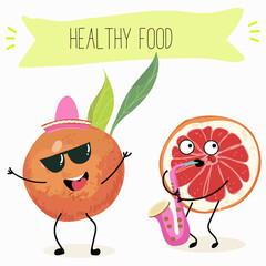 Funny fruity grapefruit characters. Comic elements, hand drawn style. Vector illustration for stickers, posters, prints. Funny fruits.
