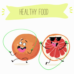 Funny fruity grapefruit characters. Comic elements, hand drawn style. Vector illustration for stickers, posters, prints. Funny fruits.
