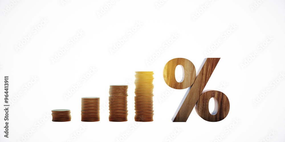 Aufkleber Stacks of coins increasing in height next to a wooden percentage symbol on a white background. 3D Rendering