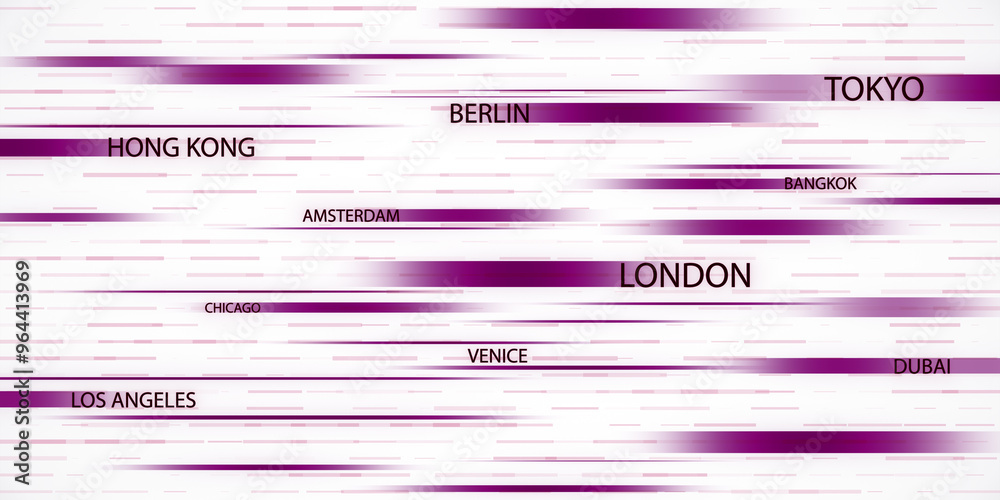 Poster international cities names on abstract purple and white background. 3d rendering