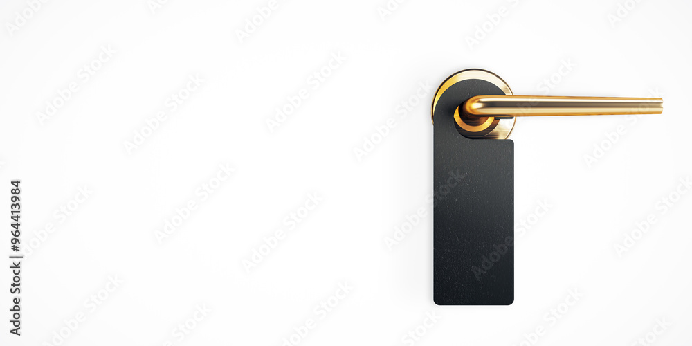 Poster golden door handle with black do not disturb sign on white background. 3d rendering