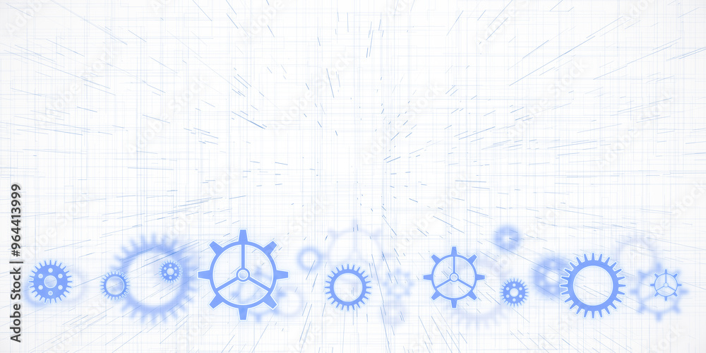 Poster Abstract gears in blue on a white background with lines. Concept of technology and engineering. 3D Rendering