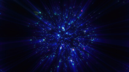 Obraz premium Abstract blue glowing energy sphere molecule nucleus atom round background with flying blurred dots bokeh particles