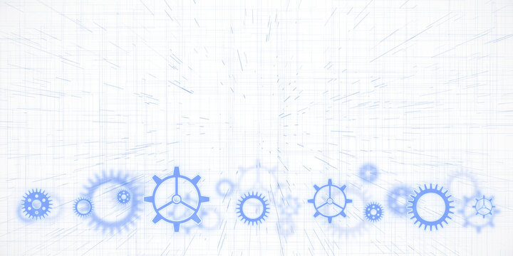Abstract gears in blue on a white background with lines. Concept of technology and engineering. 3D Rendering