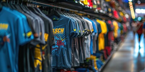 Obraz premium A well-organized clothing store aisle filled with colorful t-shirts neatly arranged on hangers, showcasing a vibrant selection of apparel for shoppers