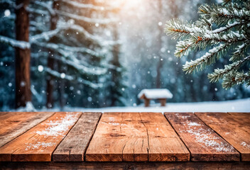Empty wooden table covered with frost against defocused winter nature background