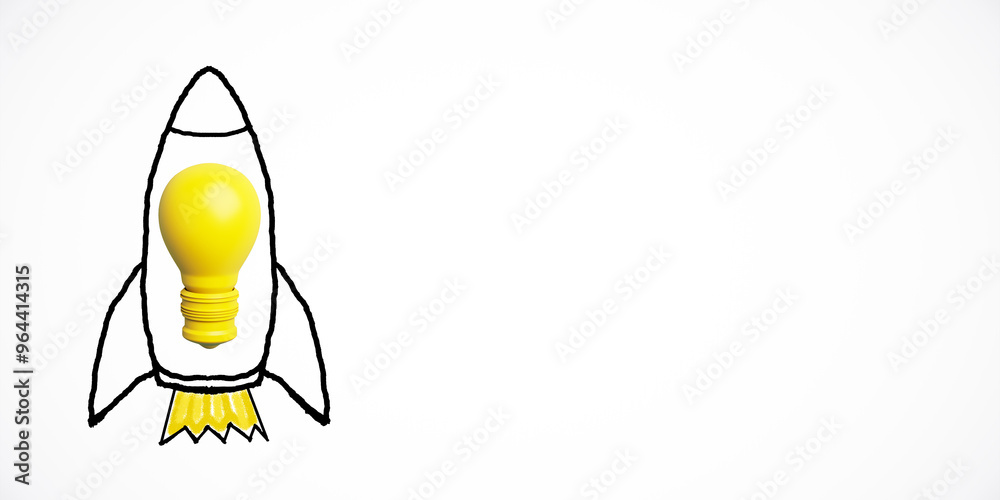 Fototapete lightbulb inside rocket sketch on white background, symbolizing creative startup idea. 3d rendering