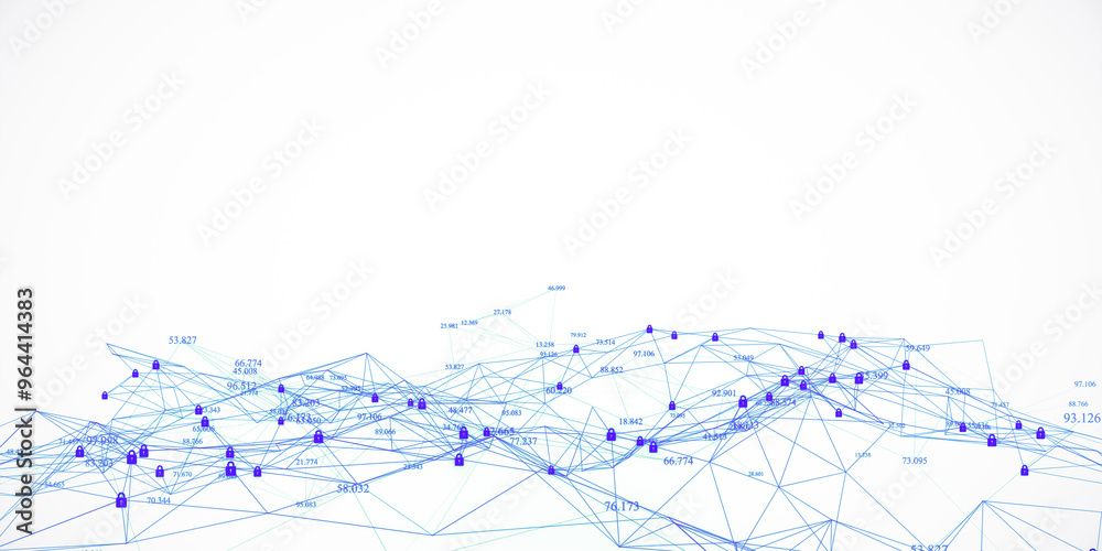 Poster Abstract Data Network with Security Lock Icons on White Background. 3D Rendering