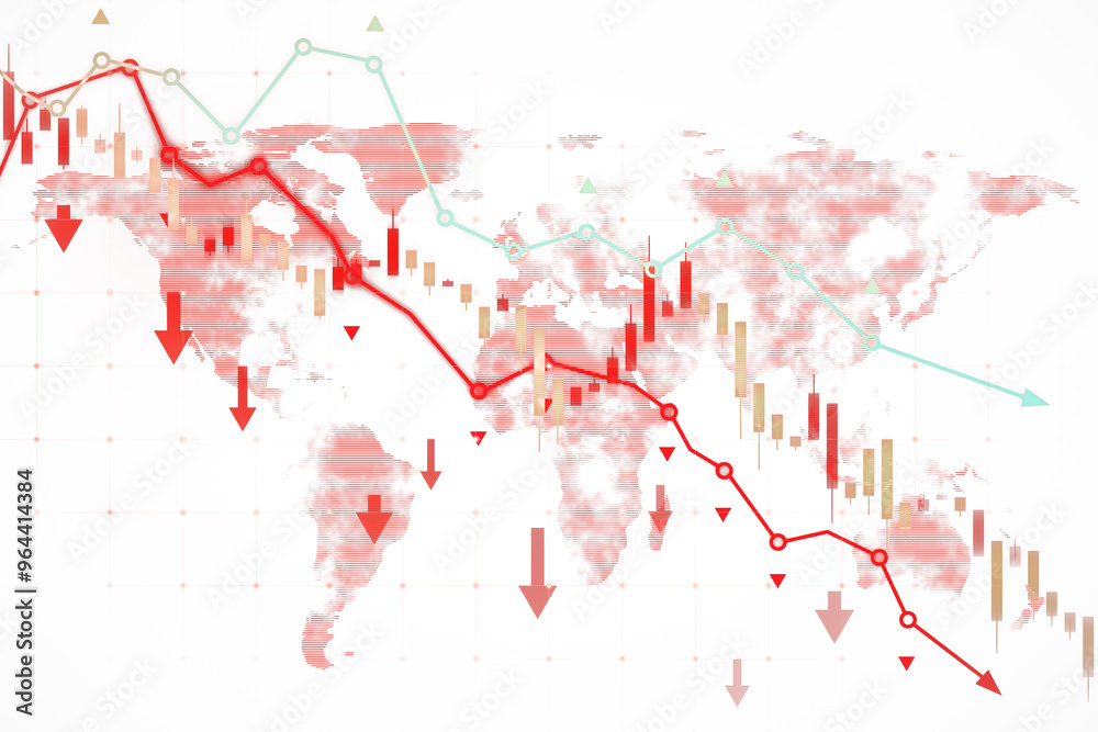 Fototapete global stock market crash concept with red downward arrows and world map. 3d rendering