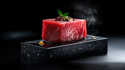 Rich marbled Wagyu, opulent presentation, exclusive experience, realistic photograph,