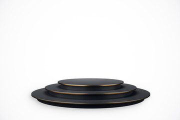 Black Round Pedestal with Gold Edges on White Background. 3D Rendering