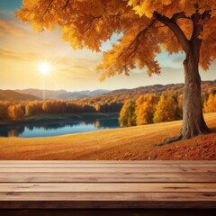 a picture of a field with a wooden table and a sunlit background.