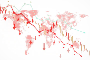 Global stock market crash concept with red downward arrows and world map. 3D Rendering